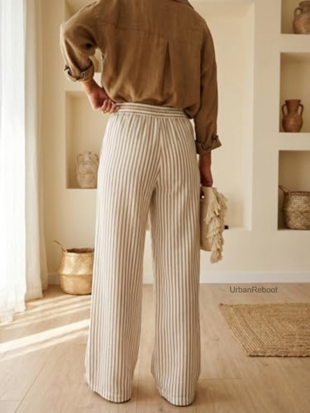 High Waisted Striped Wide Leg Palazzo Pants with Pockets - Picture 2 of 7
